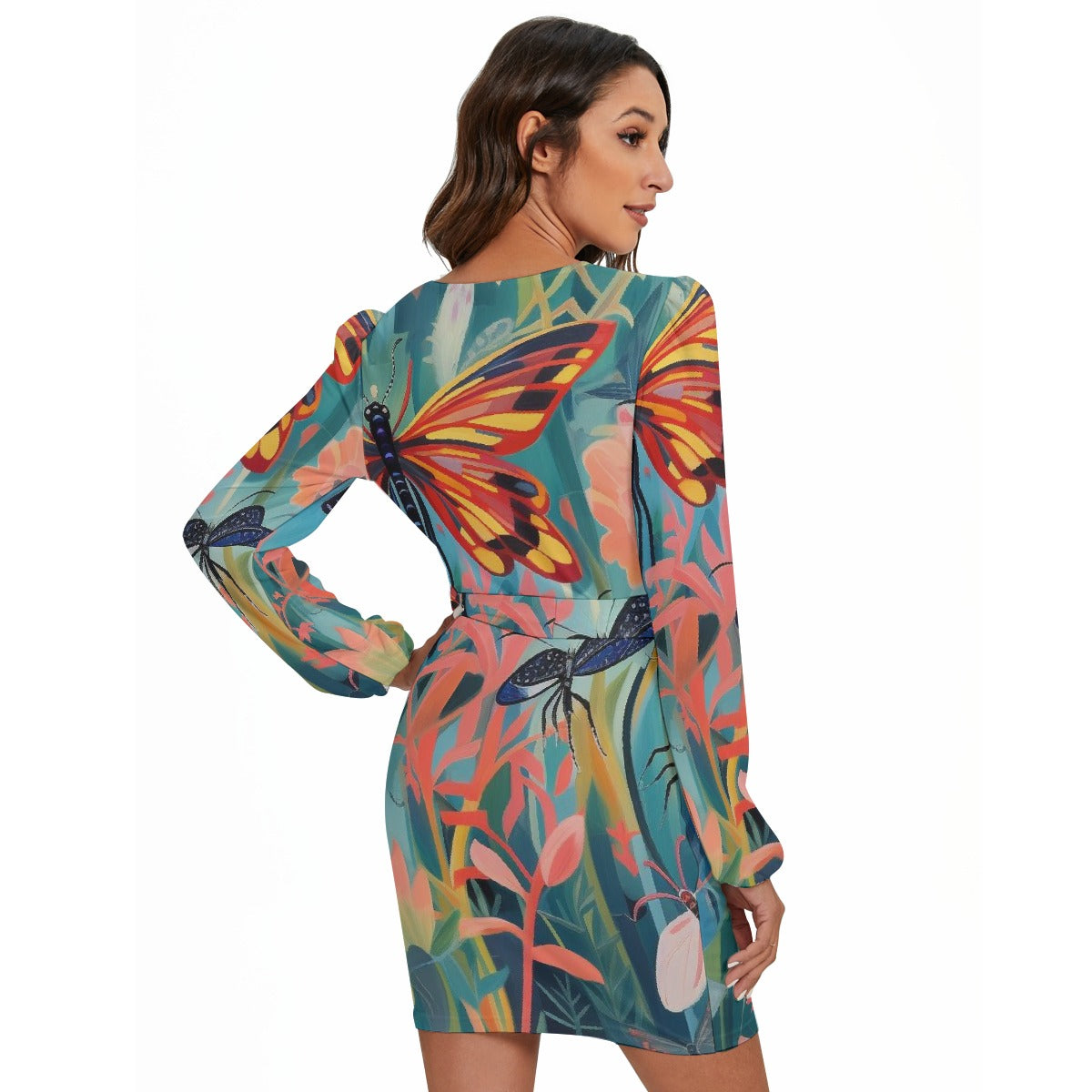 All-Over Print Women's Long Sleeve Dress With Waist Belt