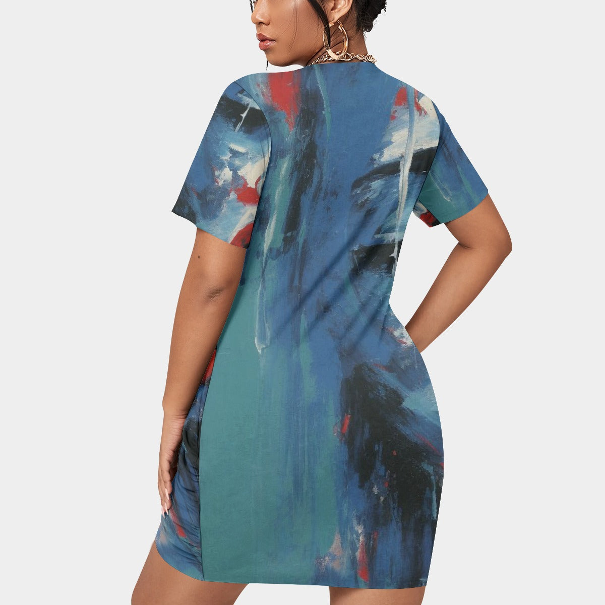 All-Over Print Women’s Stacked Hem Dress With Short Sleeve（Plus Size）