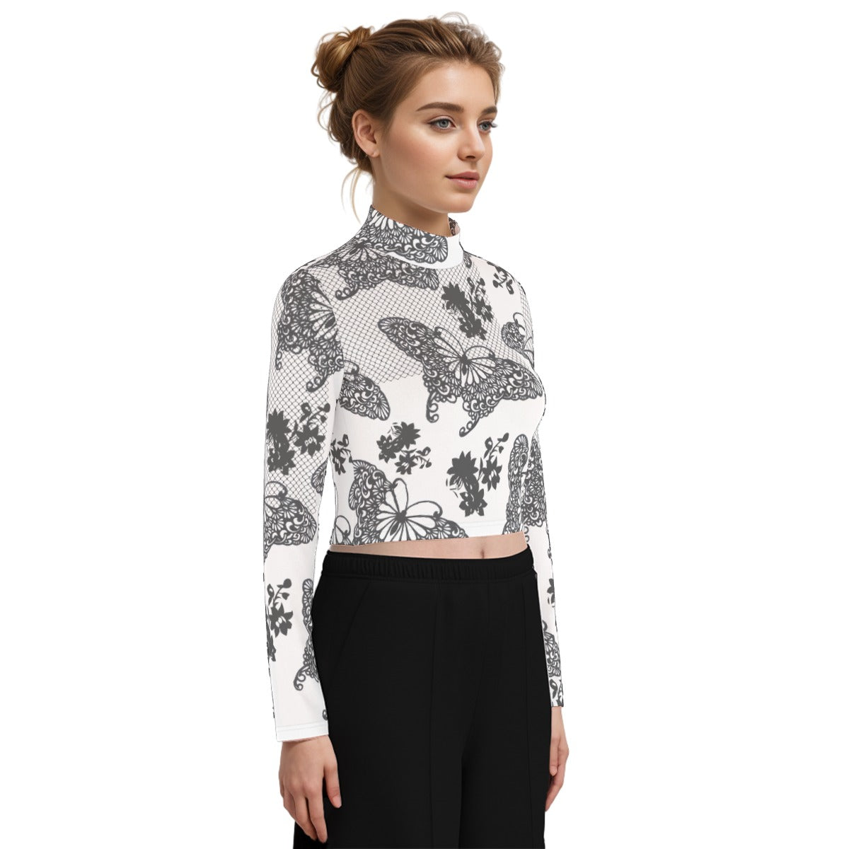 Eco-Friendly All-Over Print Women's Turtleneck T-shirt With Long Sleeve