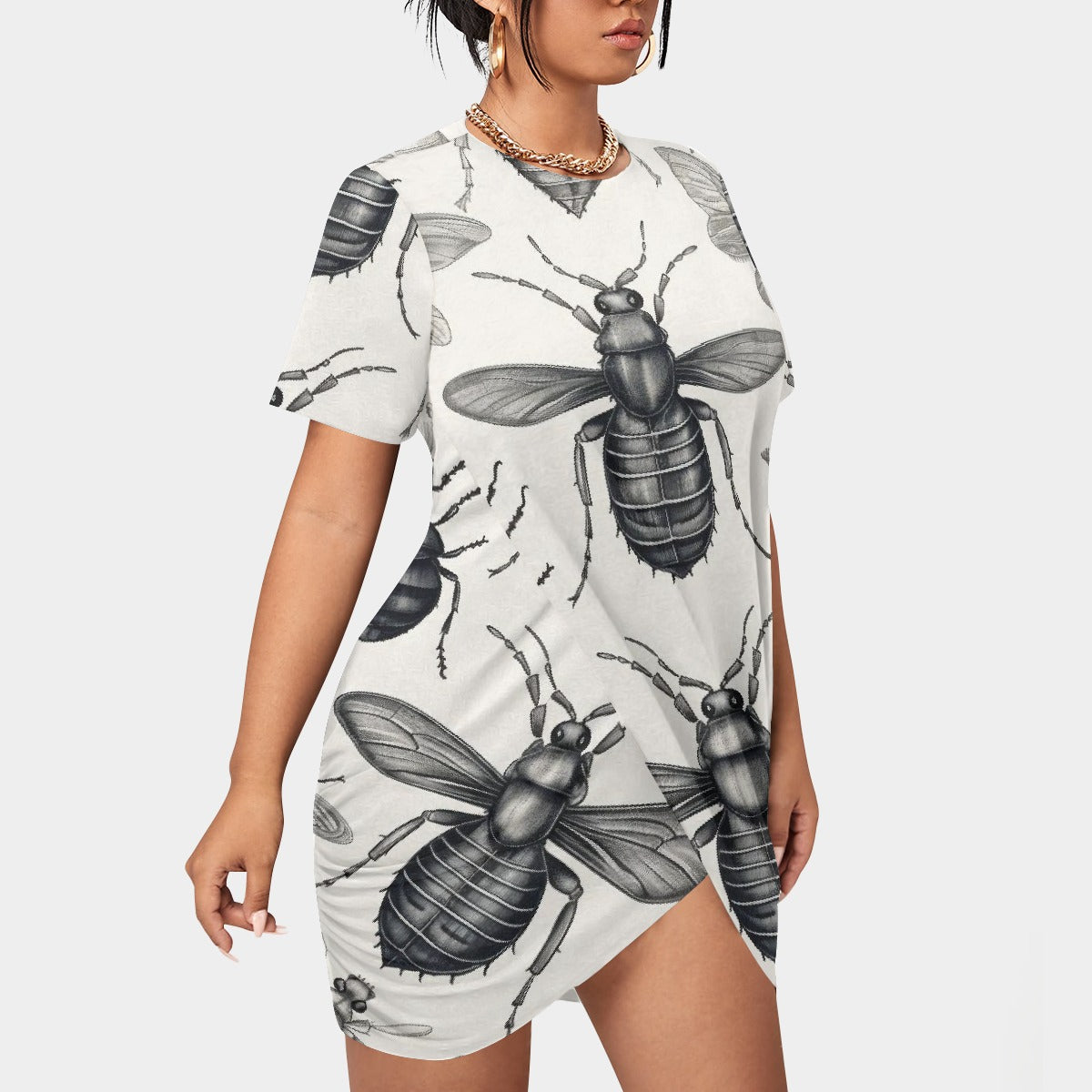 All-Over Print Women’s Stacked Hem Dress With Short Sleeve（Plus Size）