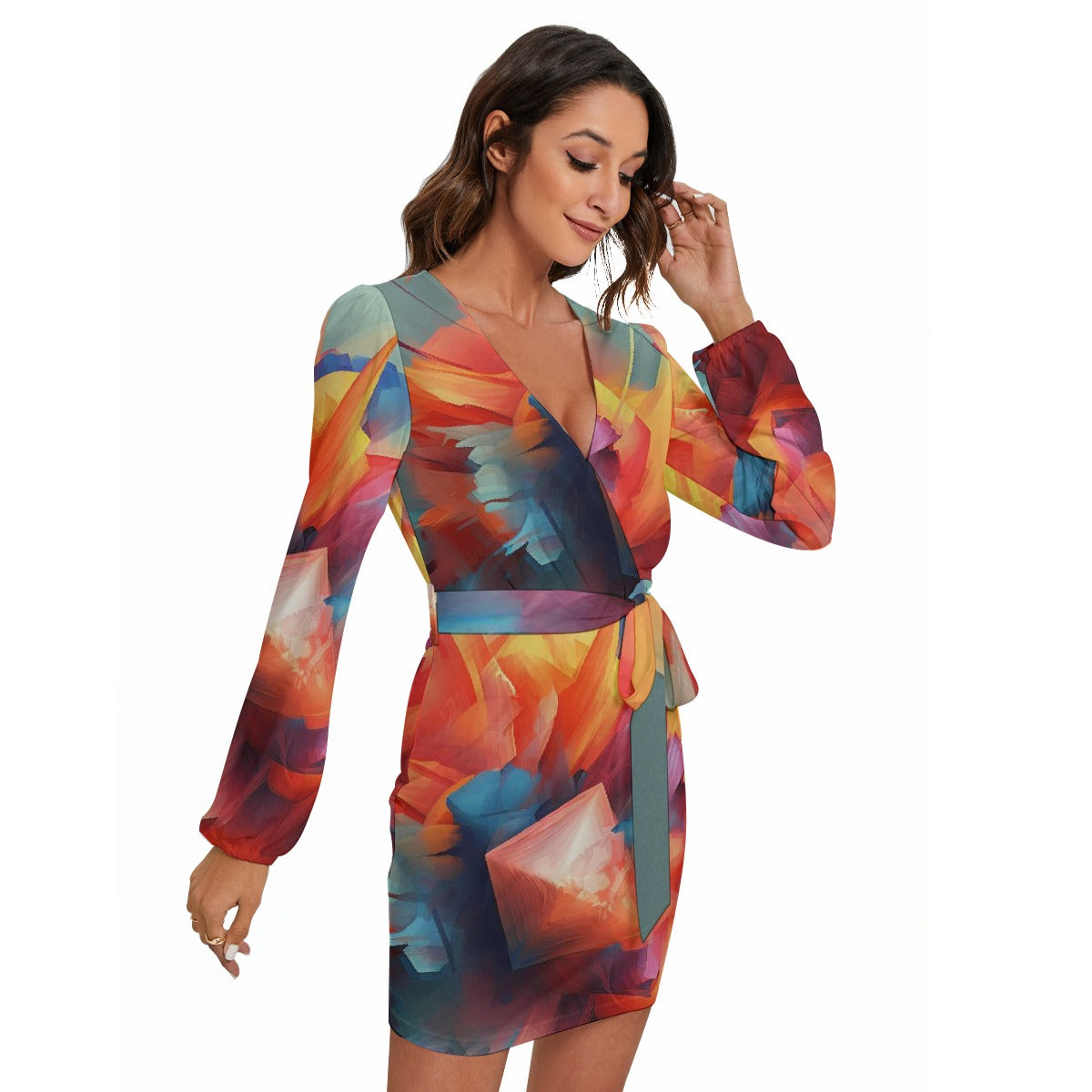 All-Over Print Women's Long Sleeve Dress With Waist Belt