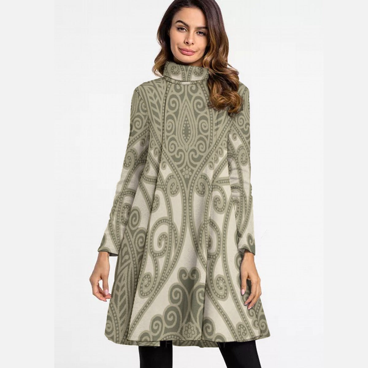 All-Over Print Women's High Neck Dress With Long Sleeve