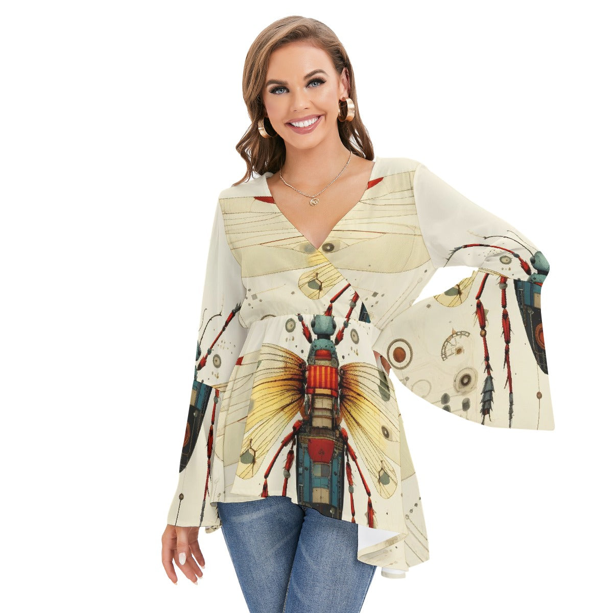 All-Over Print Women's V-neck Blouse With Flared Sleeves