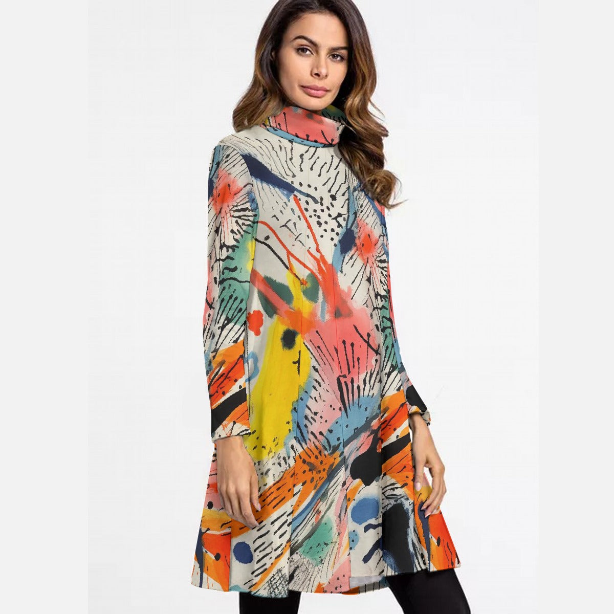 All-Over Print Women's High Neck Dress With Long Sleeve