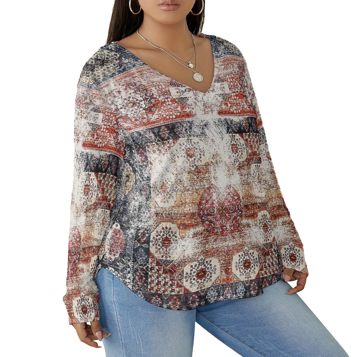 All-Over Print Women's V-neck T-shirt With Curved Hem(Plus Size)