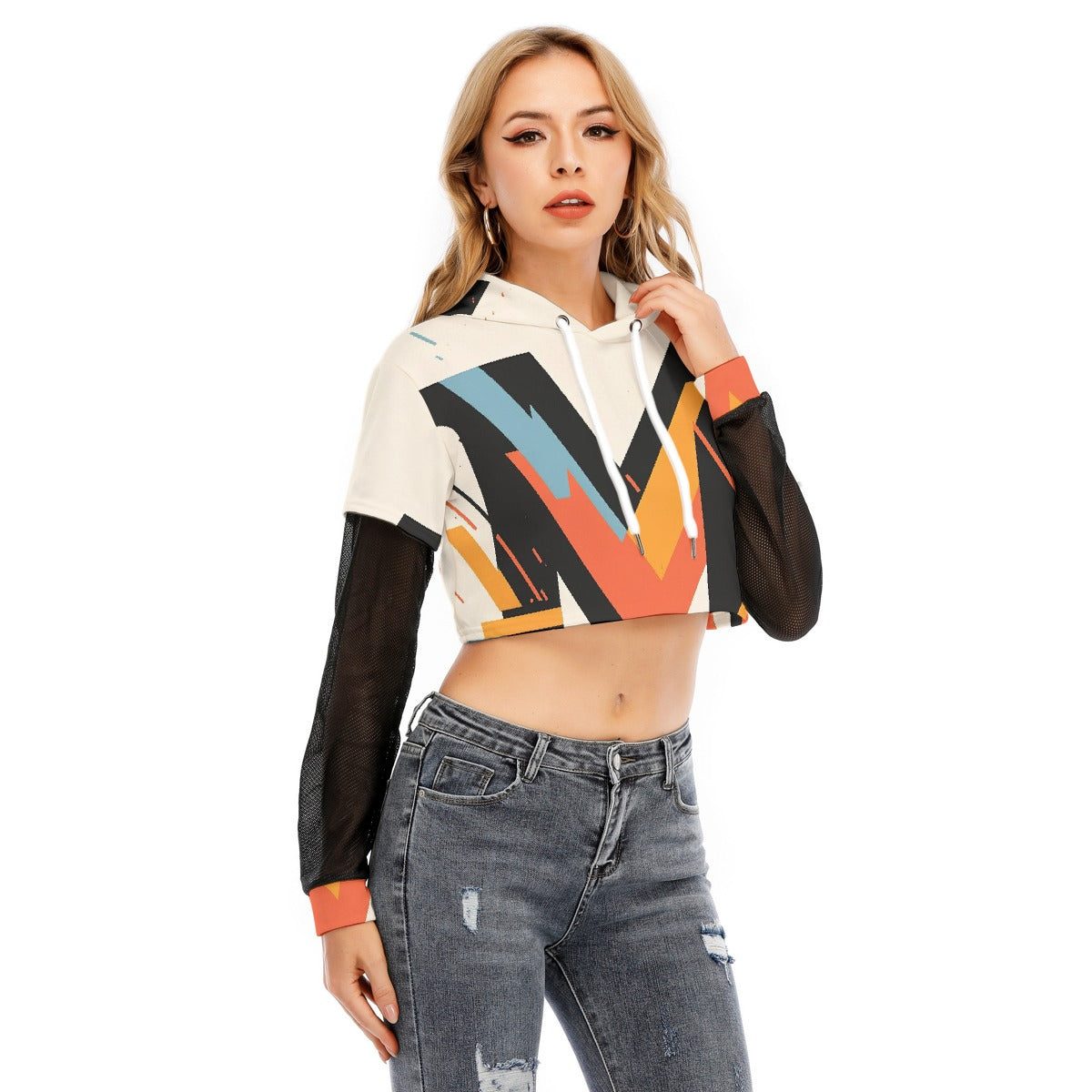 All-Over Print Women's Fake Two-piece Mesh Sleeve Cropped Hoodie