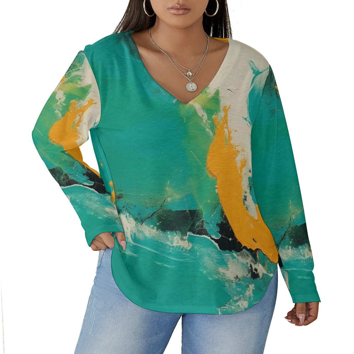 All-Over Print Women's V-neck T-shirt With Curved Hem(Plus Size)