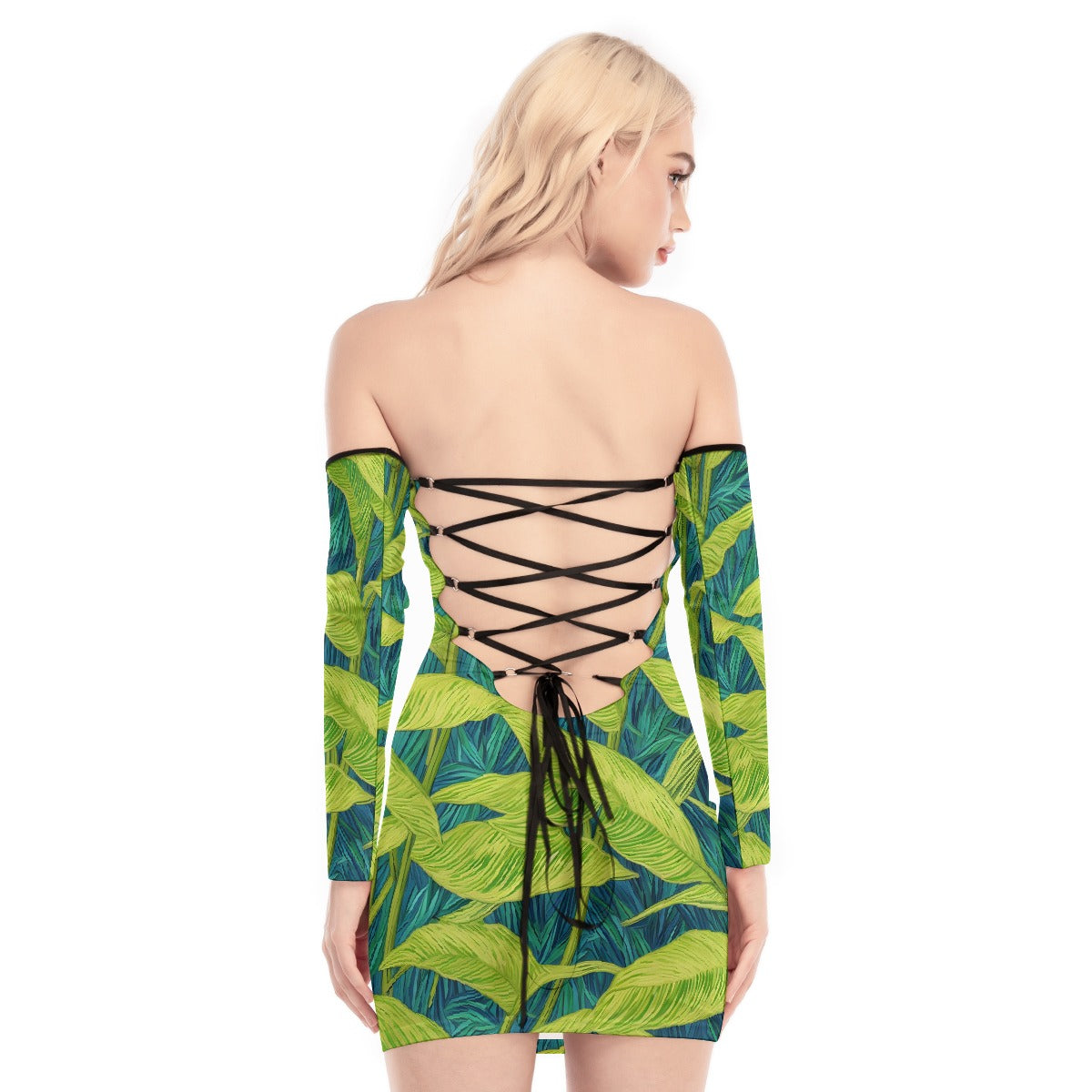 All-Over Print Women's Off-shoulder Back Lace-up Dress