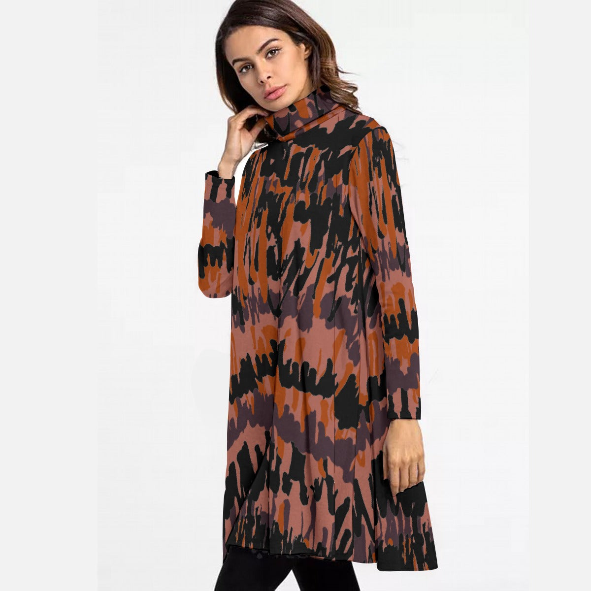 All-Over Print Women's High Neck Dress With Long Sleeve