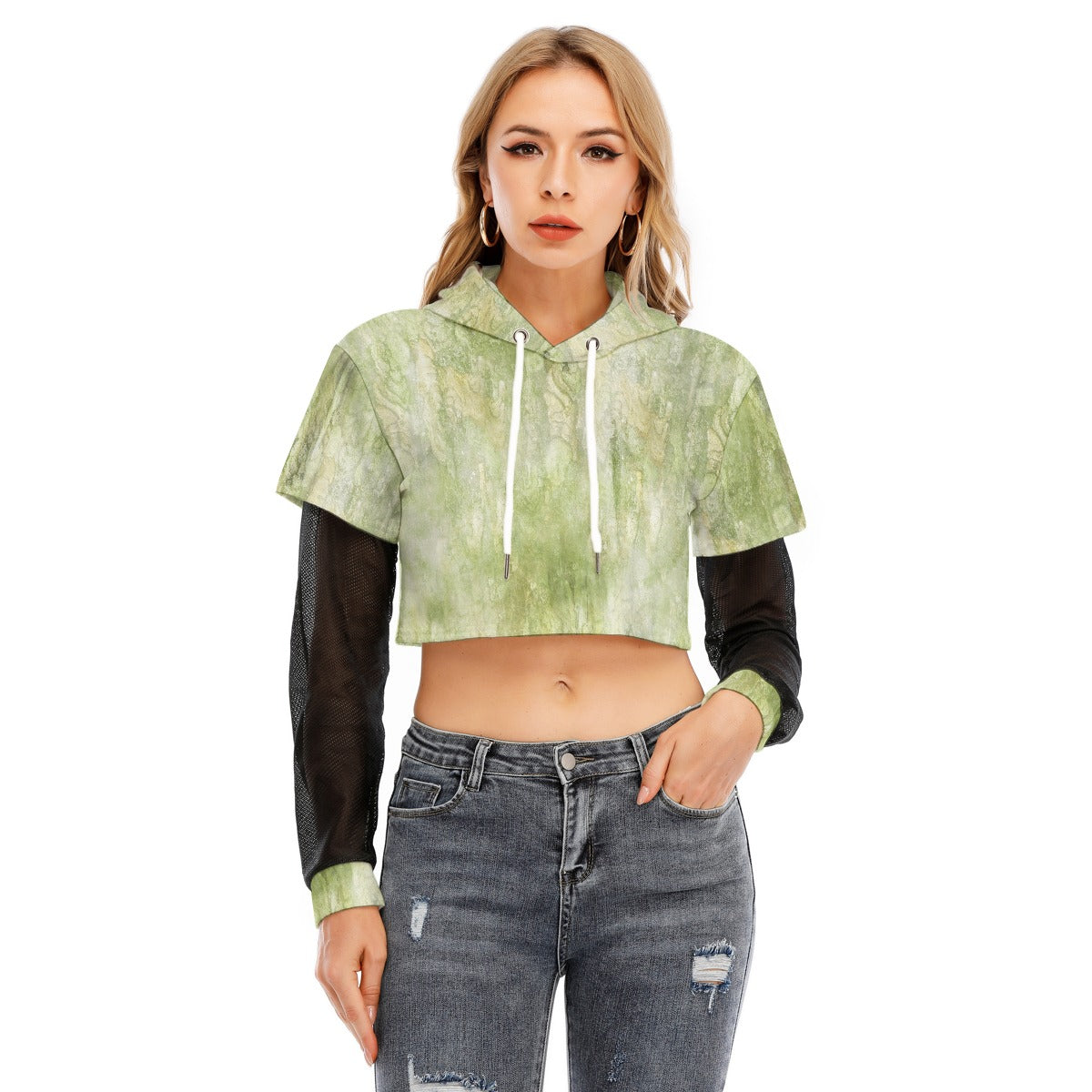 All-Over Print Women's Fake Two-piece Mesh Sleeve Cropped Hoodie