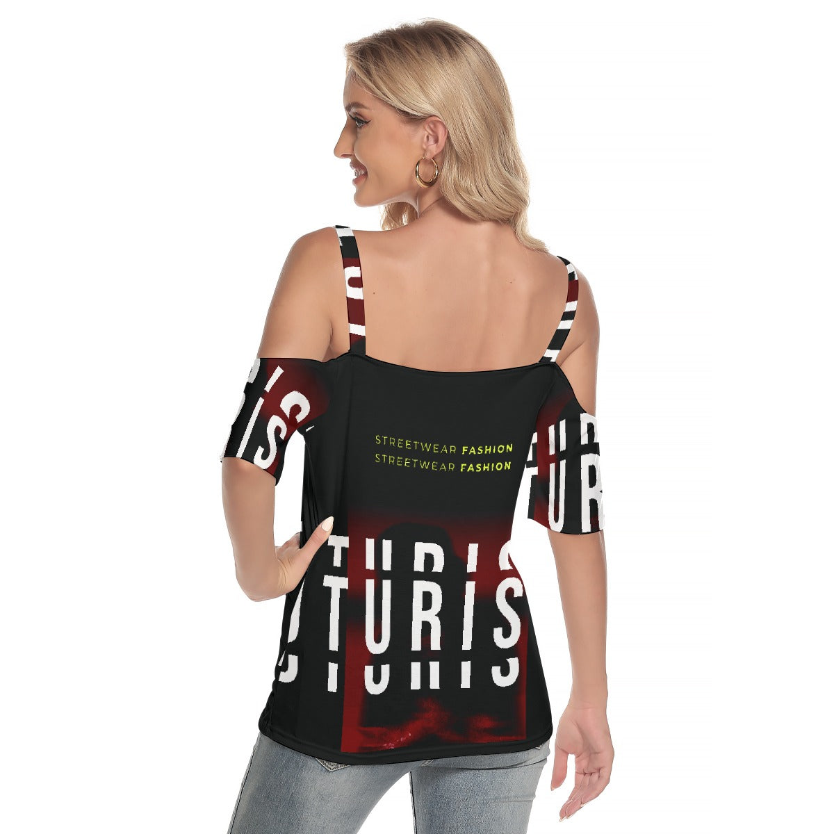 All-Over Print Women's Cold Shoulder T-shirt With Criss Cross Strips