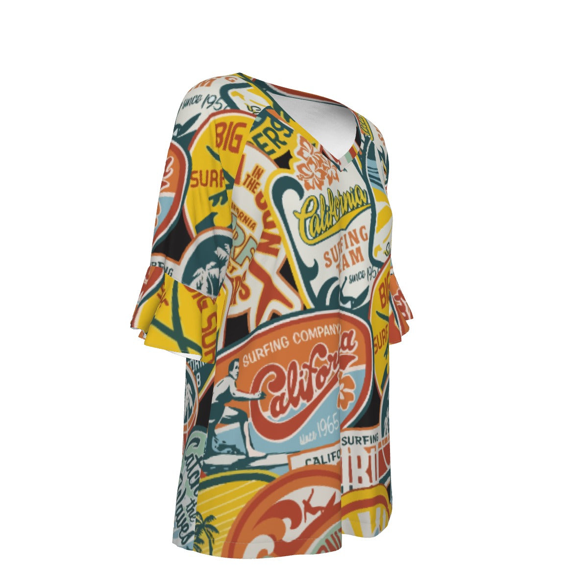 All-Over Print V-neck Women's T-shirt With Bell Sleeve