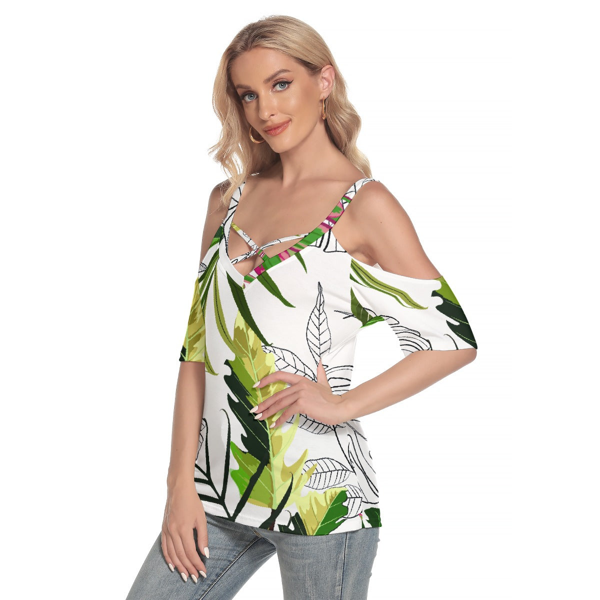 All-Over Print Women's Cold Shoulder T-shirt With Criss Cross Strips