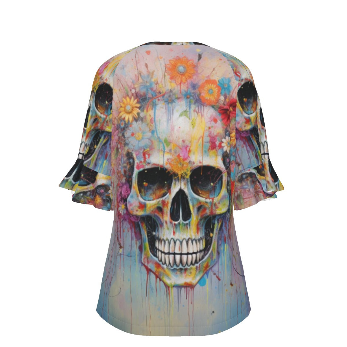 All-Over Print V-neck Women's T-shirt With Bell Sleeve