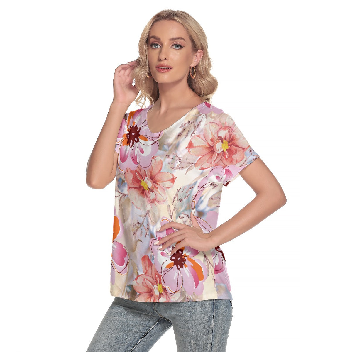 All-Over Print Women's Loose V-neck Short Sleeve T-shirt