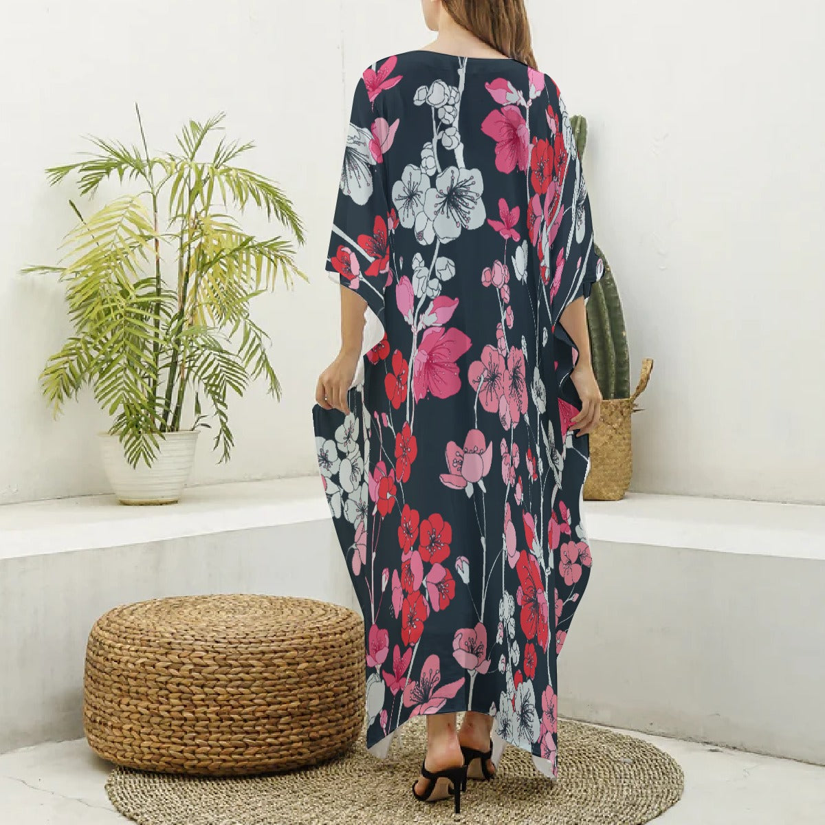 All-Over Print Women's Imitation Silk V-neck Kaftan Robe