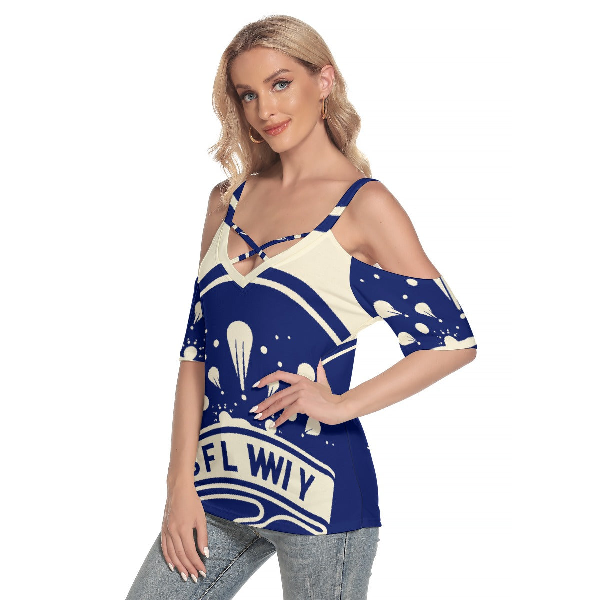 All-Over Print Women's Cold Shoulder T-shirt With Criss Cross Strips