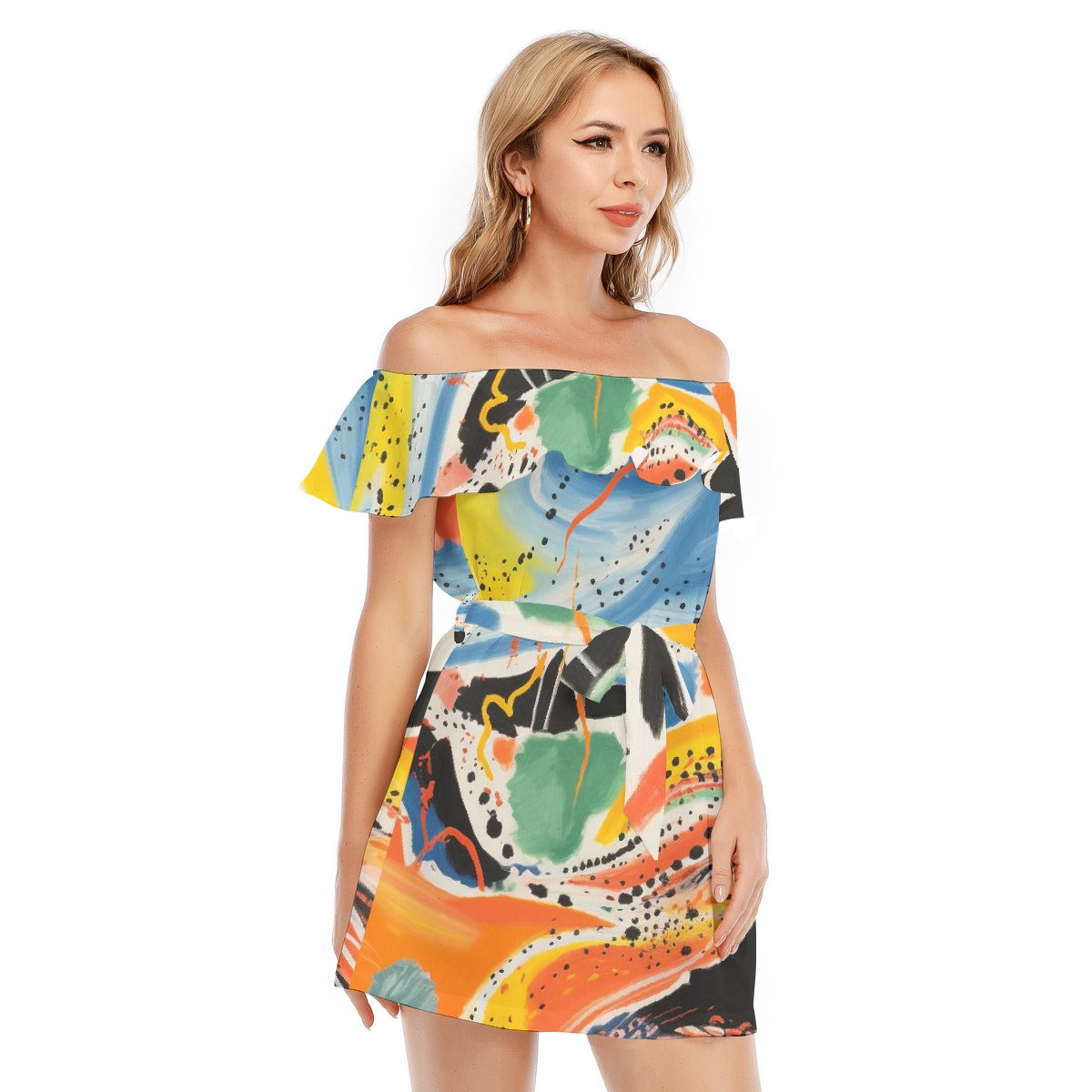 All-Over Print Women's Off-shoulder Dress With Ruffle