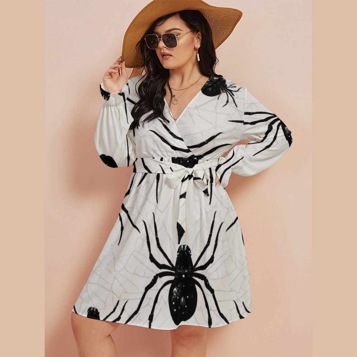 All-Over Print Women's V-neck Dress With Waistband(Plus Size)