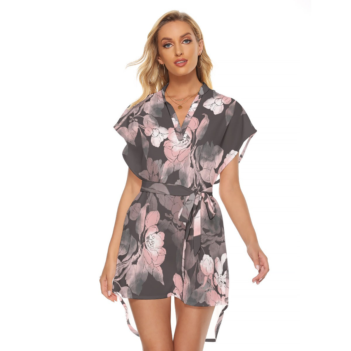 All-Over Print Women's Stand-up Collar Casual Dress With Belt