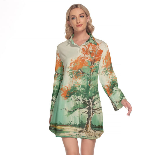 All-Over Print Women's Lapel Shirt Dress With Long Sleeve