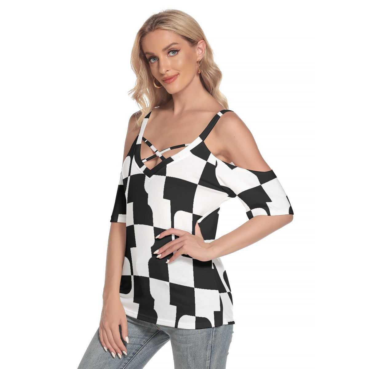 All-Over Print Women's Cold Shoulder T-shirt With Criss Cross Strips