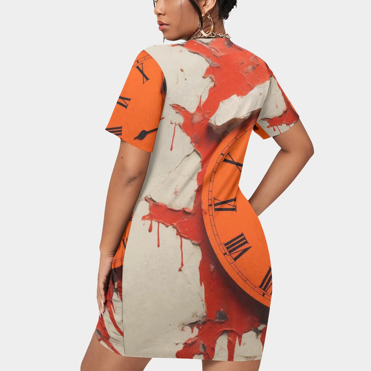 All-Over Print Women’s Stacked Hem Dress With Short Sleeve（Plus Size）