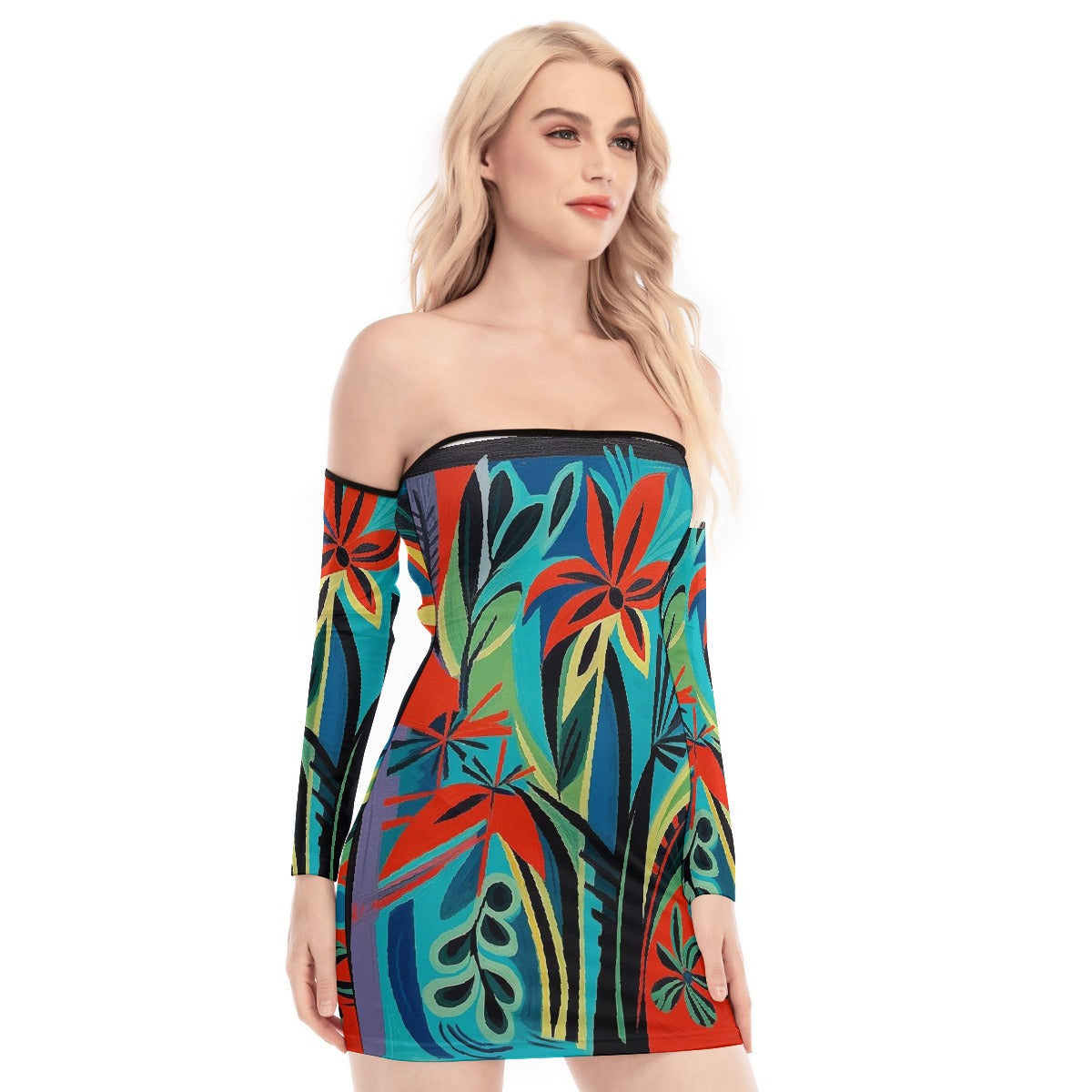 All-Over Print Women's Off-shoulder Back Lace-up Dress