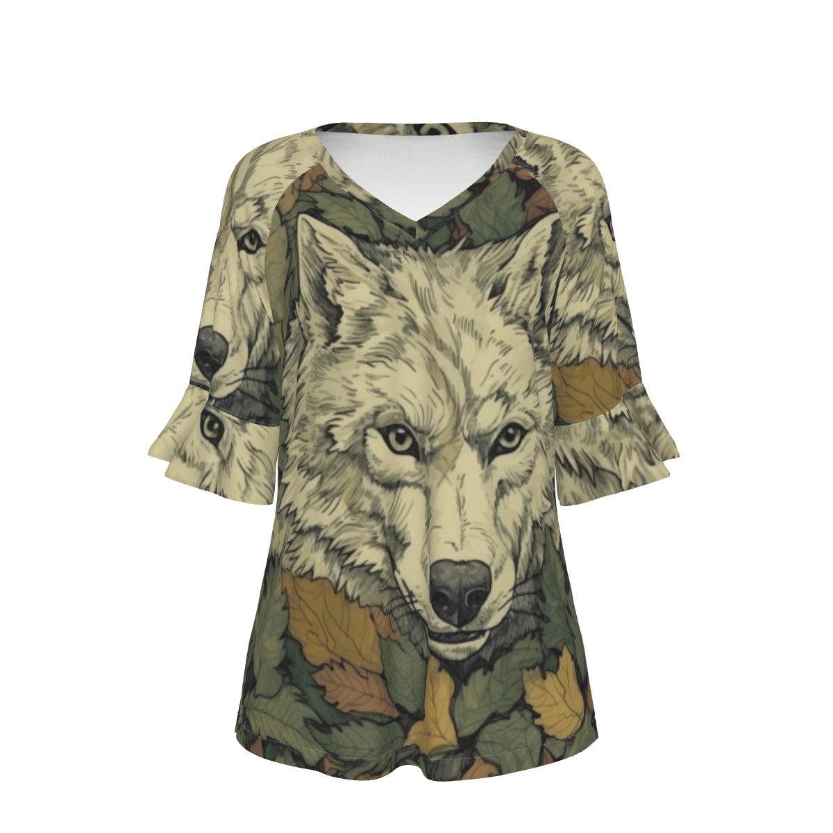 All-Over Print V-neck Women's T-shirt With Bell Sleeve