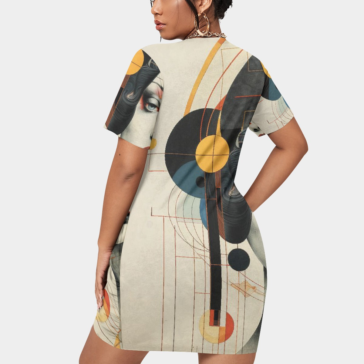 All-Over Print Women’s Stacked Hem Dress With Short Sleeve（Plus Size）