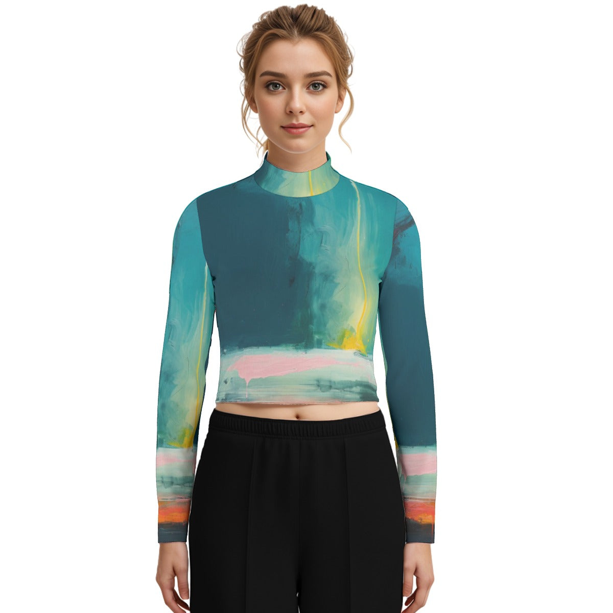 Eco-Friendly All-Over Print Women's Turtleneck T-shirt With Long Sleeve