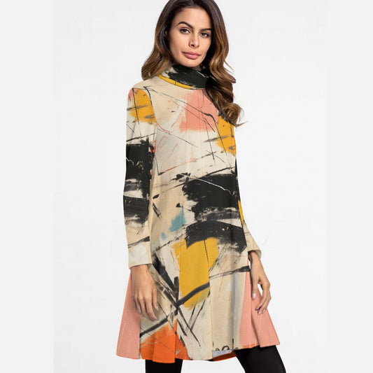 All-Over Print Women's High Neck Dress With Long Sleeve