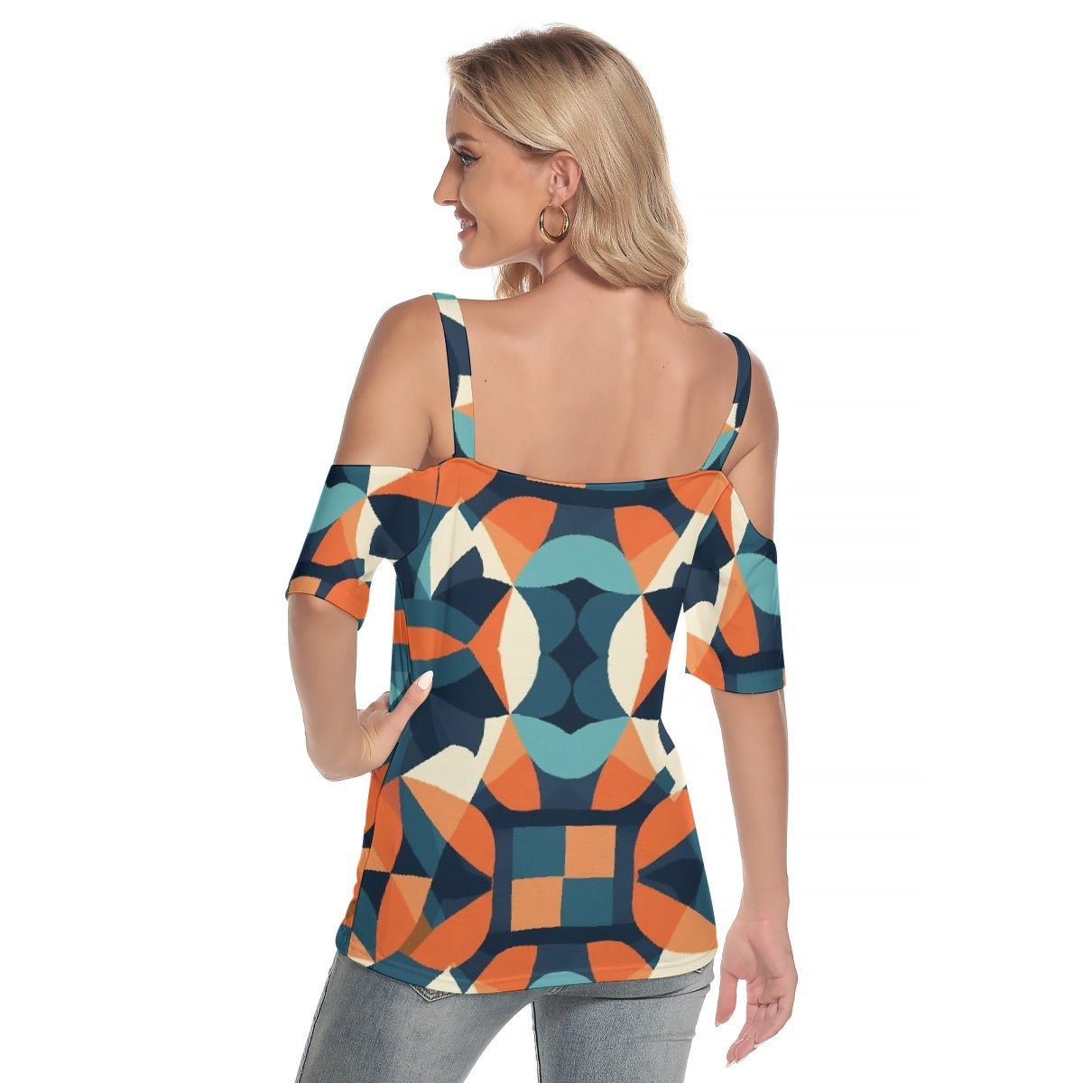 All-Over Print Women's Cold Shoulder T-shirt With Criss Cross Strips