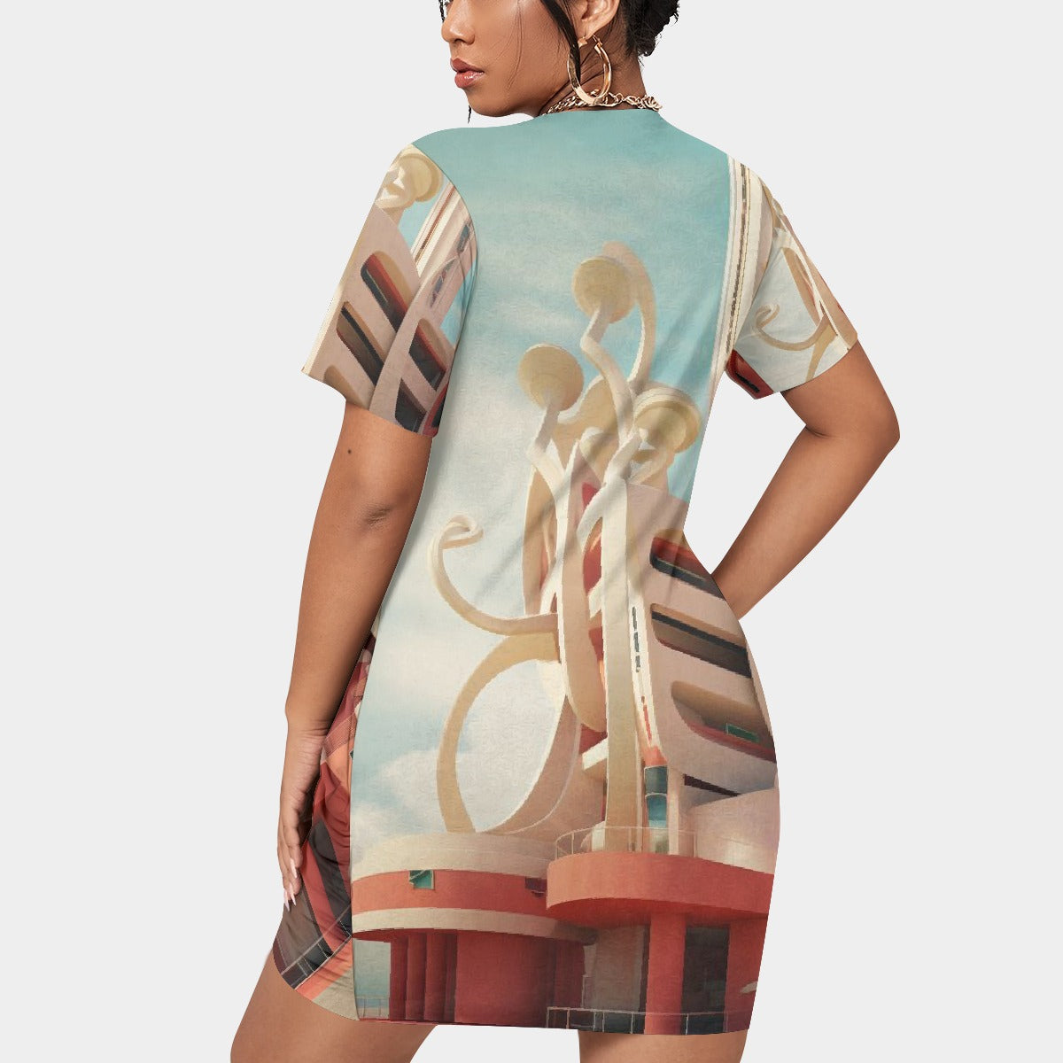 All-Over Print Women’s Stacked Hem Dress With Short Sleeve（Plus Size）