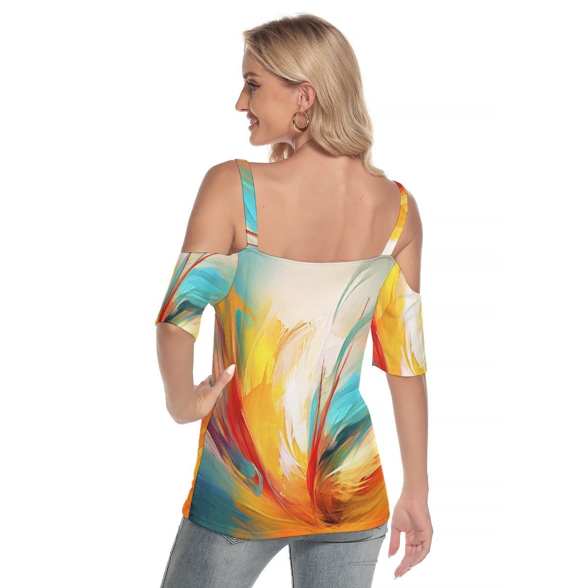 All-Over Print Women's Cold Shoulder T-shirt With Criss Cross Strips