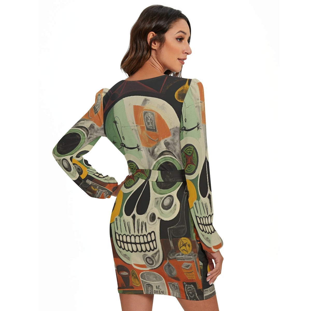 All-Over Print Women's Long Sleeve Dress With Waist Belt