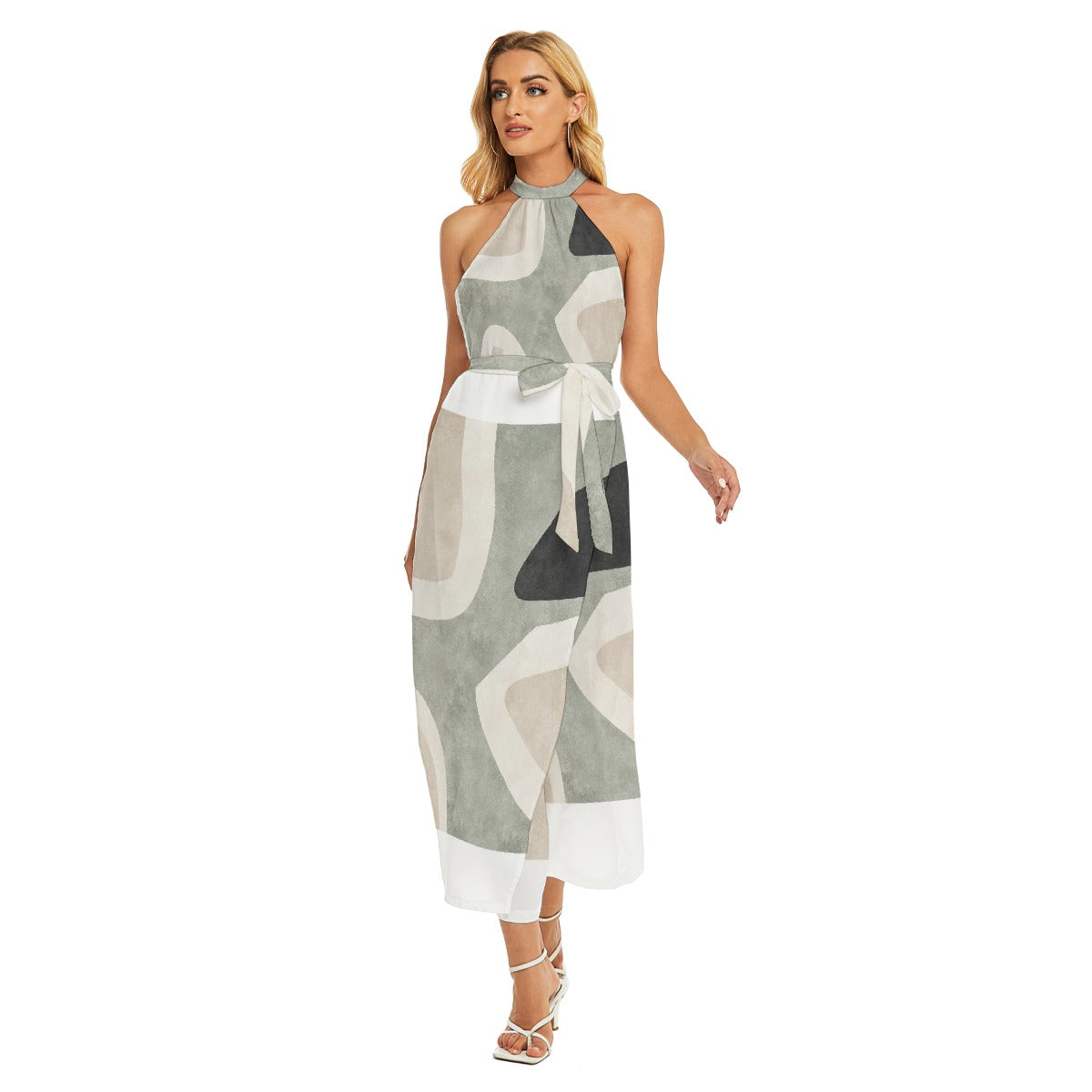 All-Over Print Women's Wrap Hem Belted Halter Dress