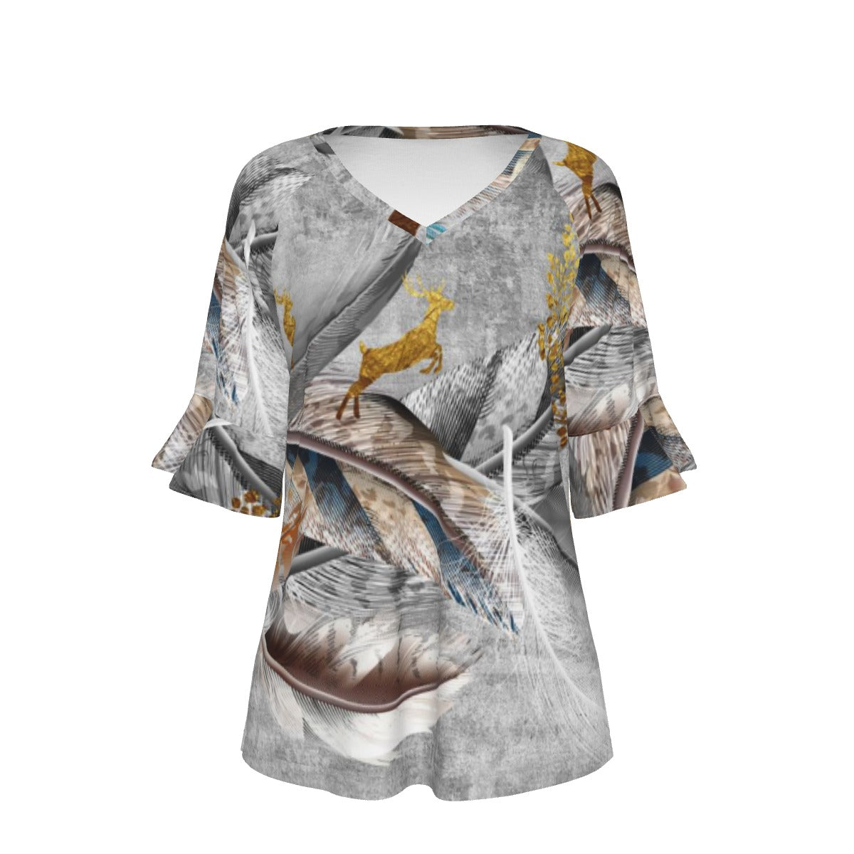 All-Over Print V-neck Women's T-shirt With Bell Sleeve