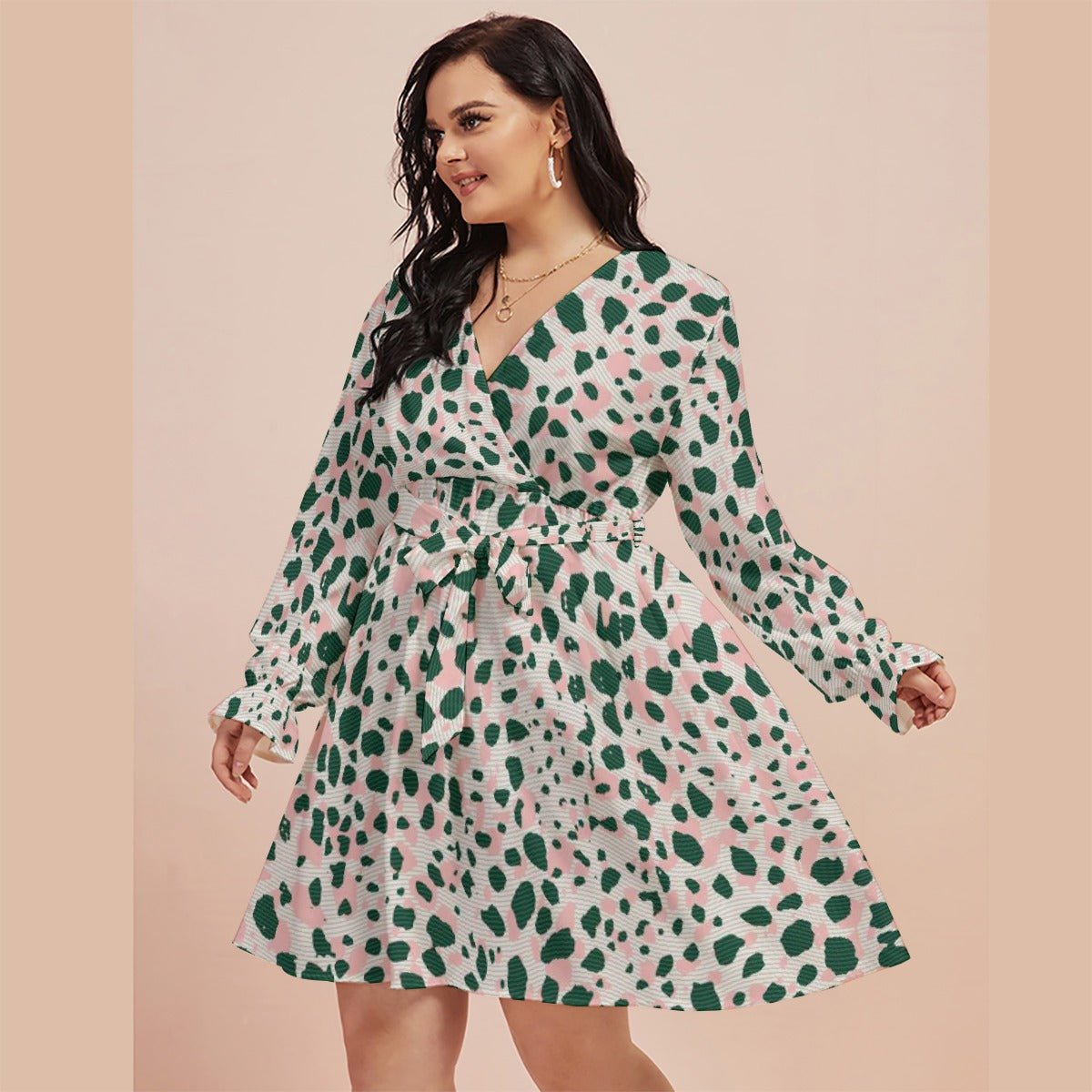 All-Over Print Women's V-neck Dress With Waistband(Plus Size)