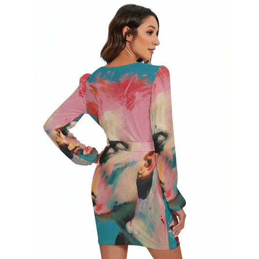 All-Over Print Women's Long Sleeve Dress With Waist Belt