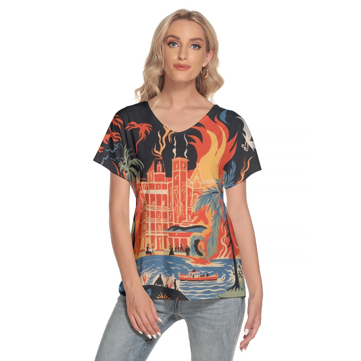 All-Over Print Women's Loose V-neck Short Sleeve T-shirt