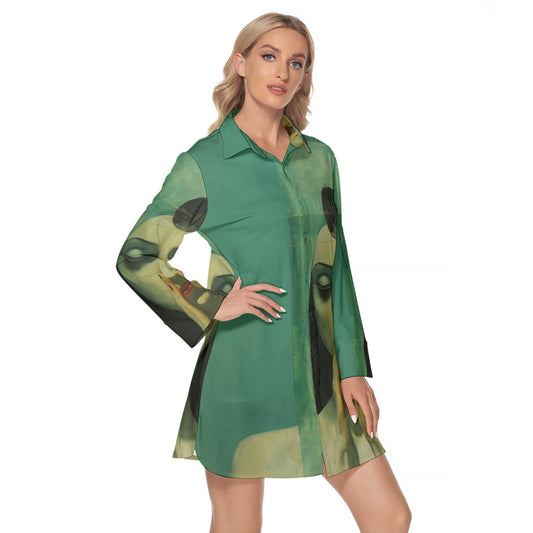 All-Over Print Women's Lapel Shirt Dress With Long Sleeve