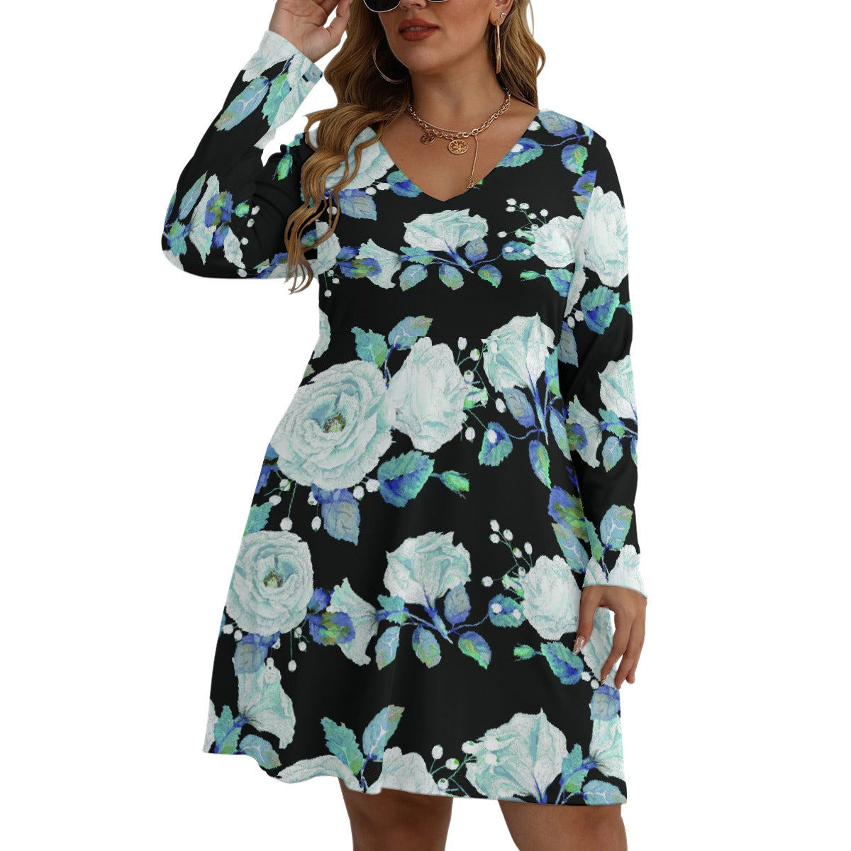 All-Over Print Women's V-neck Long Sleeve Dress(Plus Size)