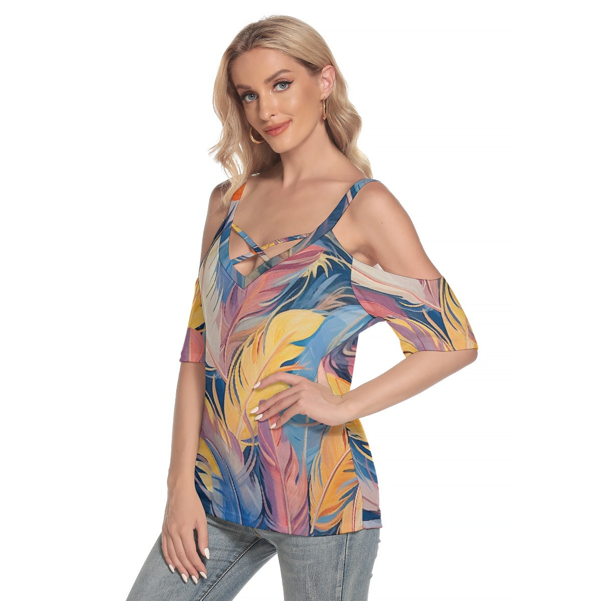 All-Over Print Women's Cold Shoulder T-shirt With Criss Cross Strips