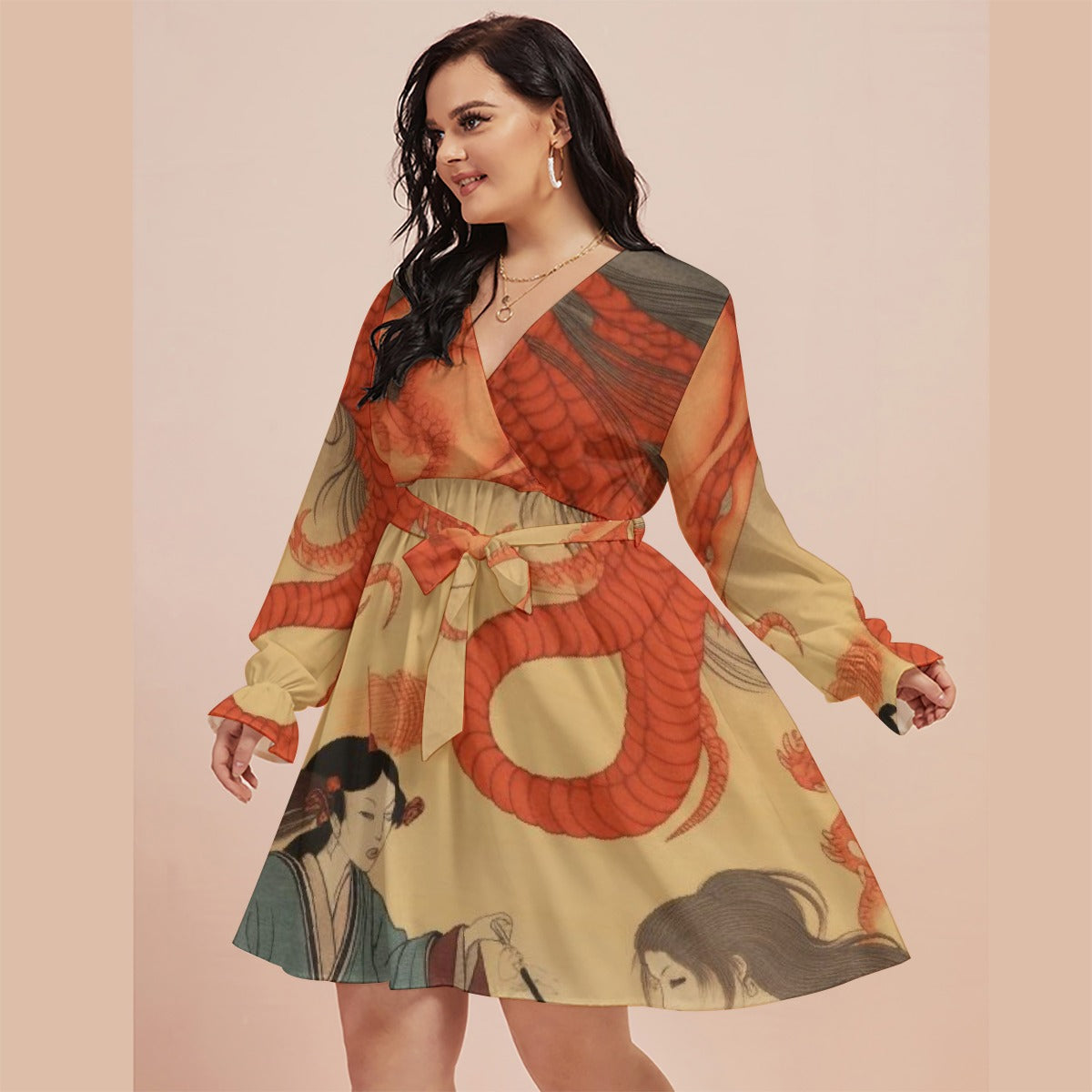 All-Over Print Women's V-neck Dress With Waistband(Plus Size)