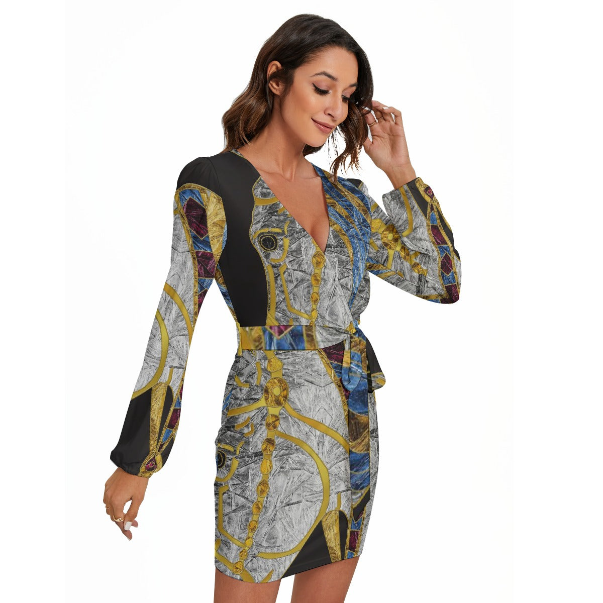 All-Over Print Women's Long Sleeve Dress With Waist Belt