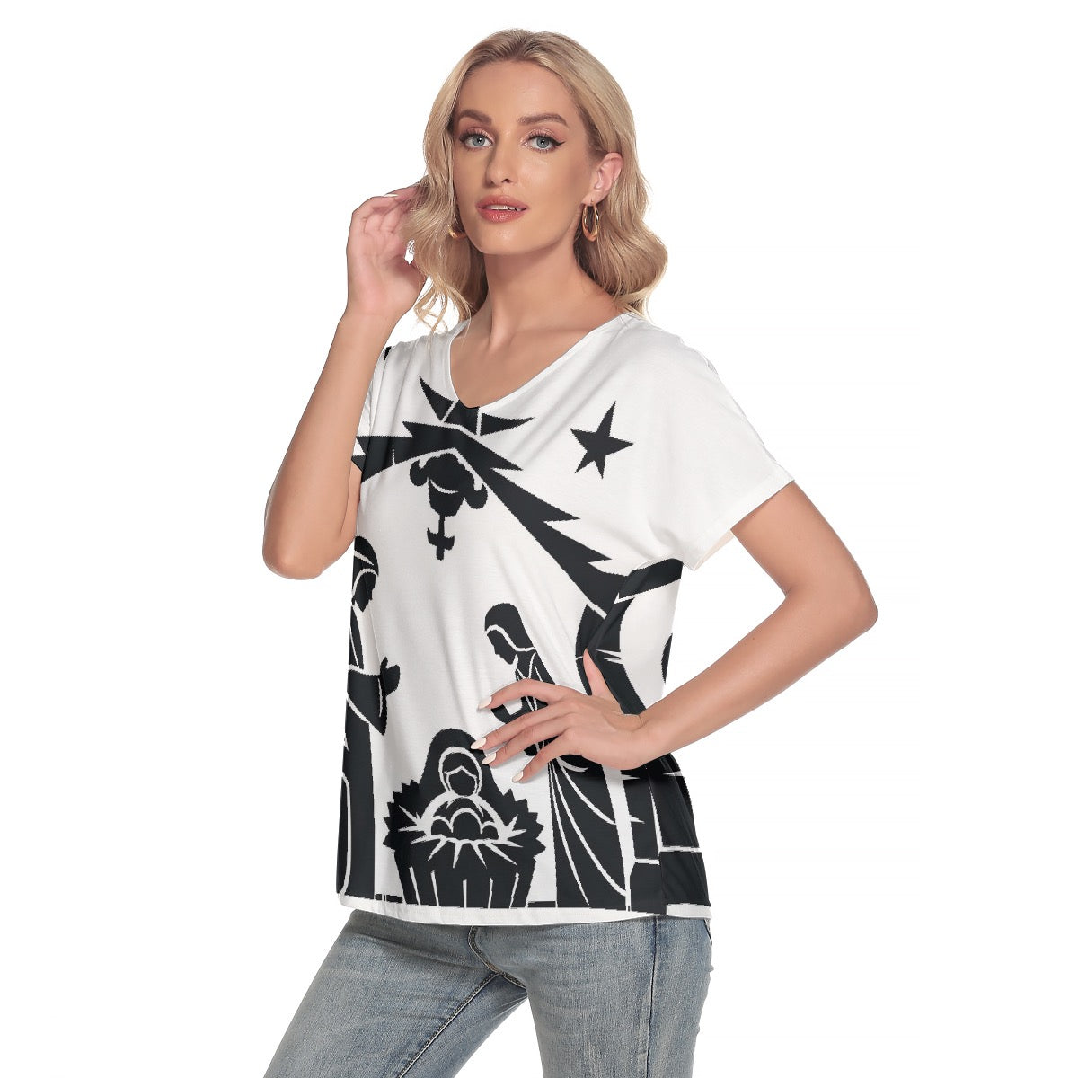 All-Over Print Women's Loose V-neck Short Sleeve T-shirt