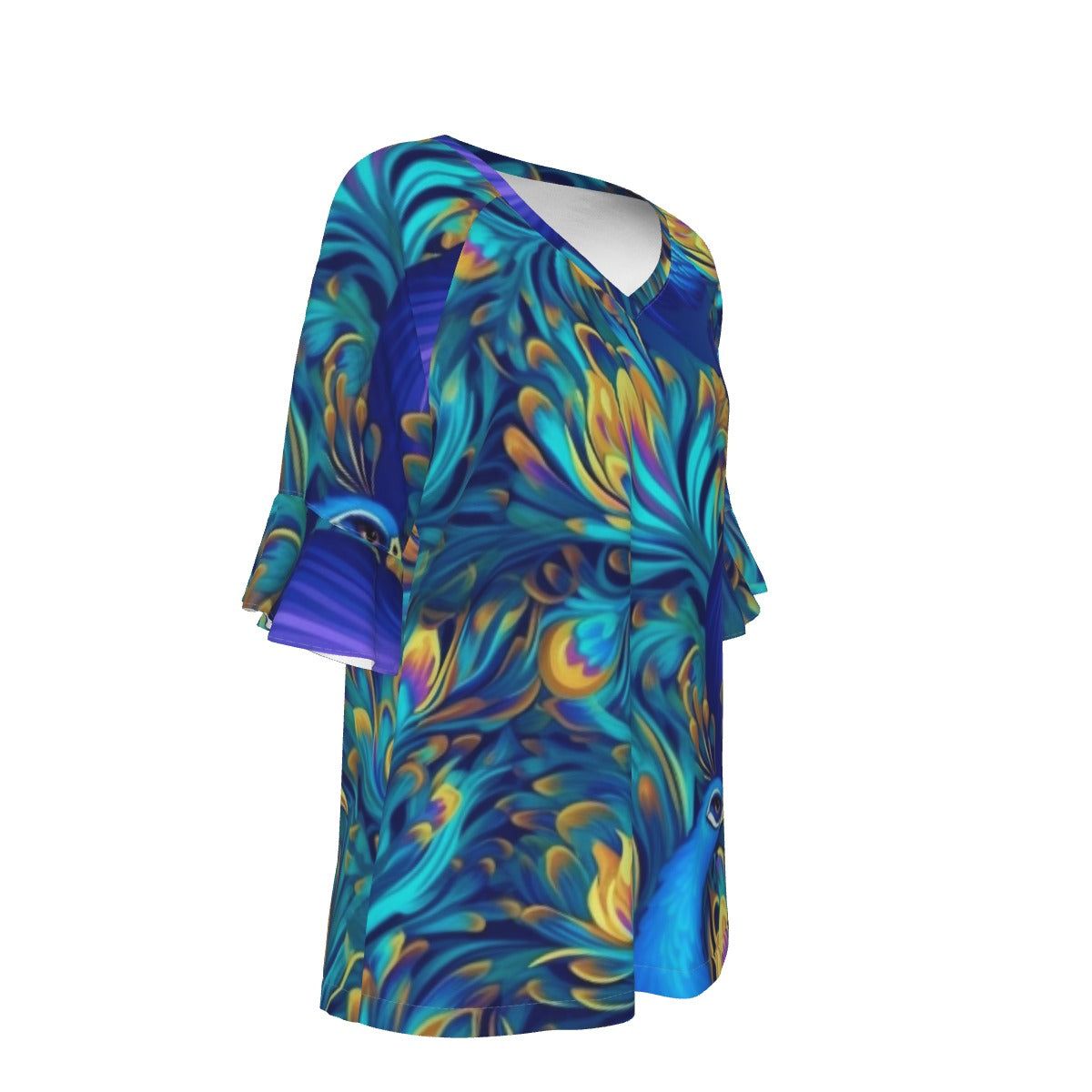 All-Over Print V-neck Women's T-shirt With Bell Sleeve