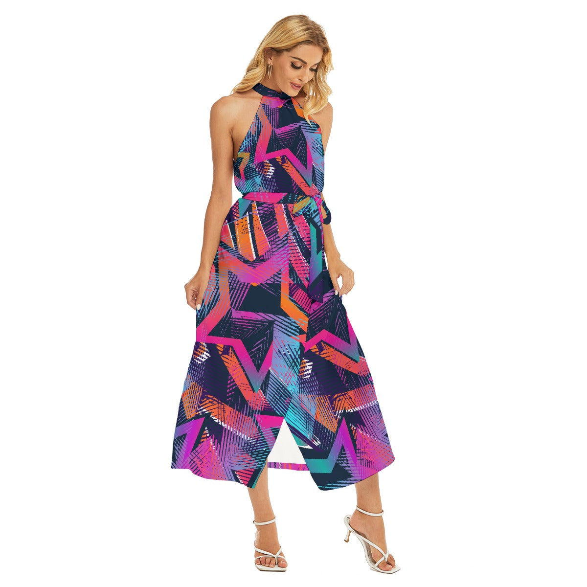 All-Over Print Women's Wrap Hem Belted Halter Dress