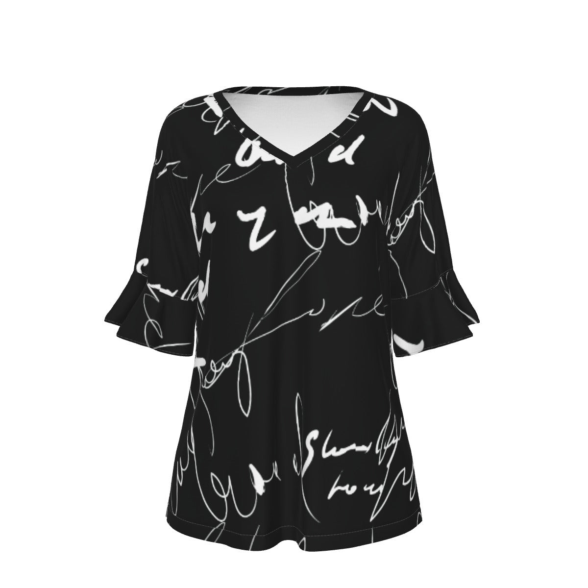 All-Over Print V-neck Women's T-shirt With Bell Sleeve